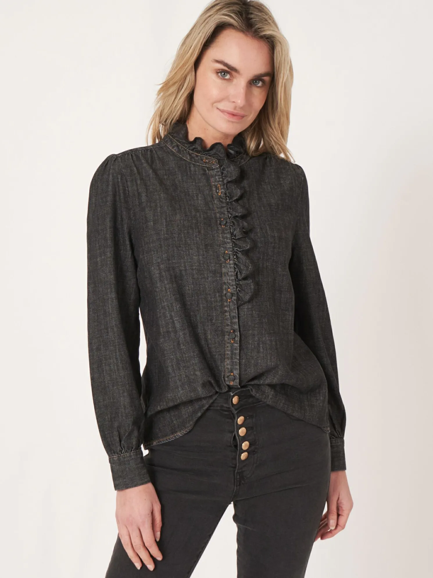 Denim Blouse Met Ruche