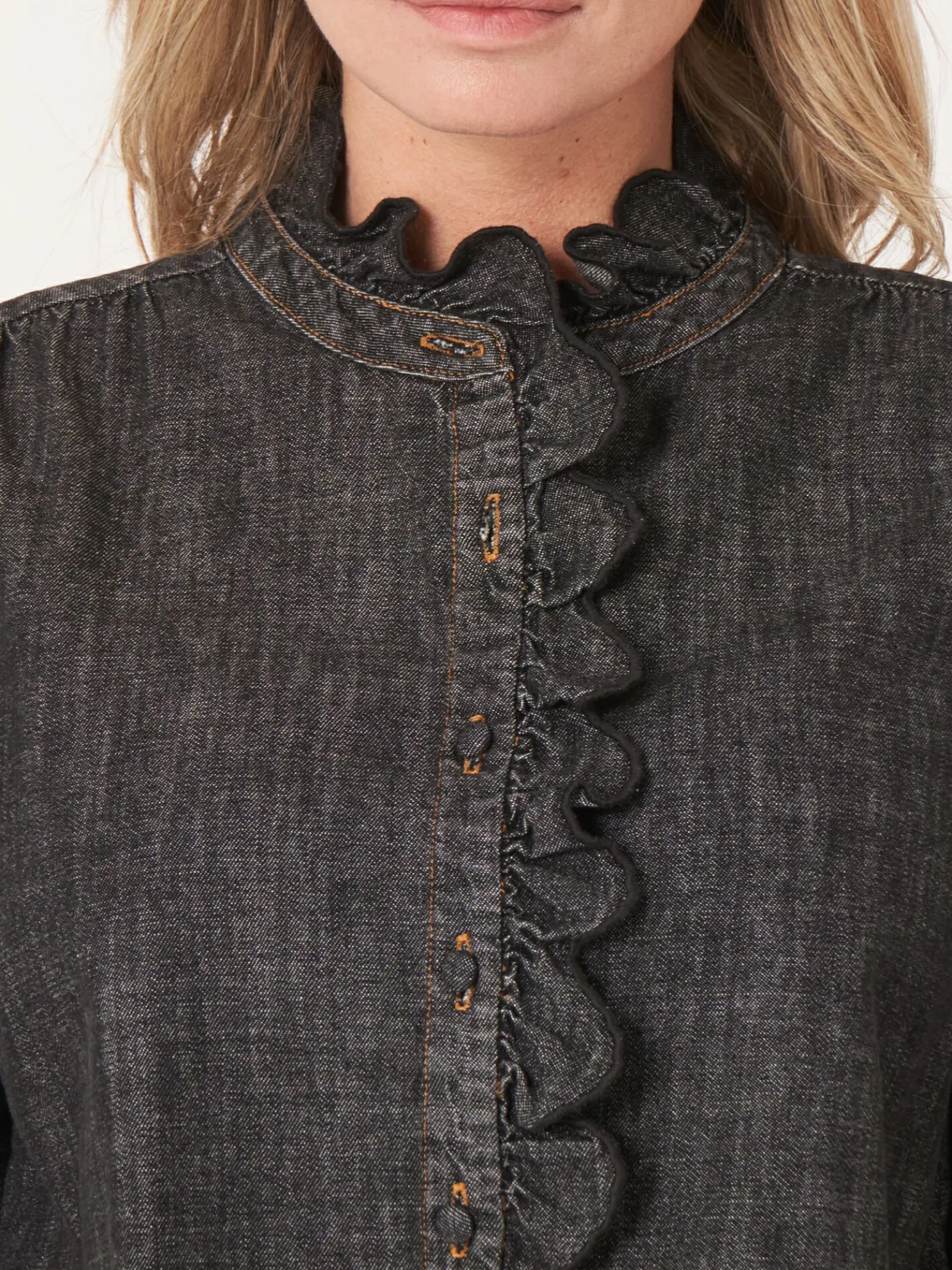 Denim Blouse Met Ruche
