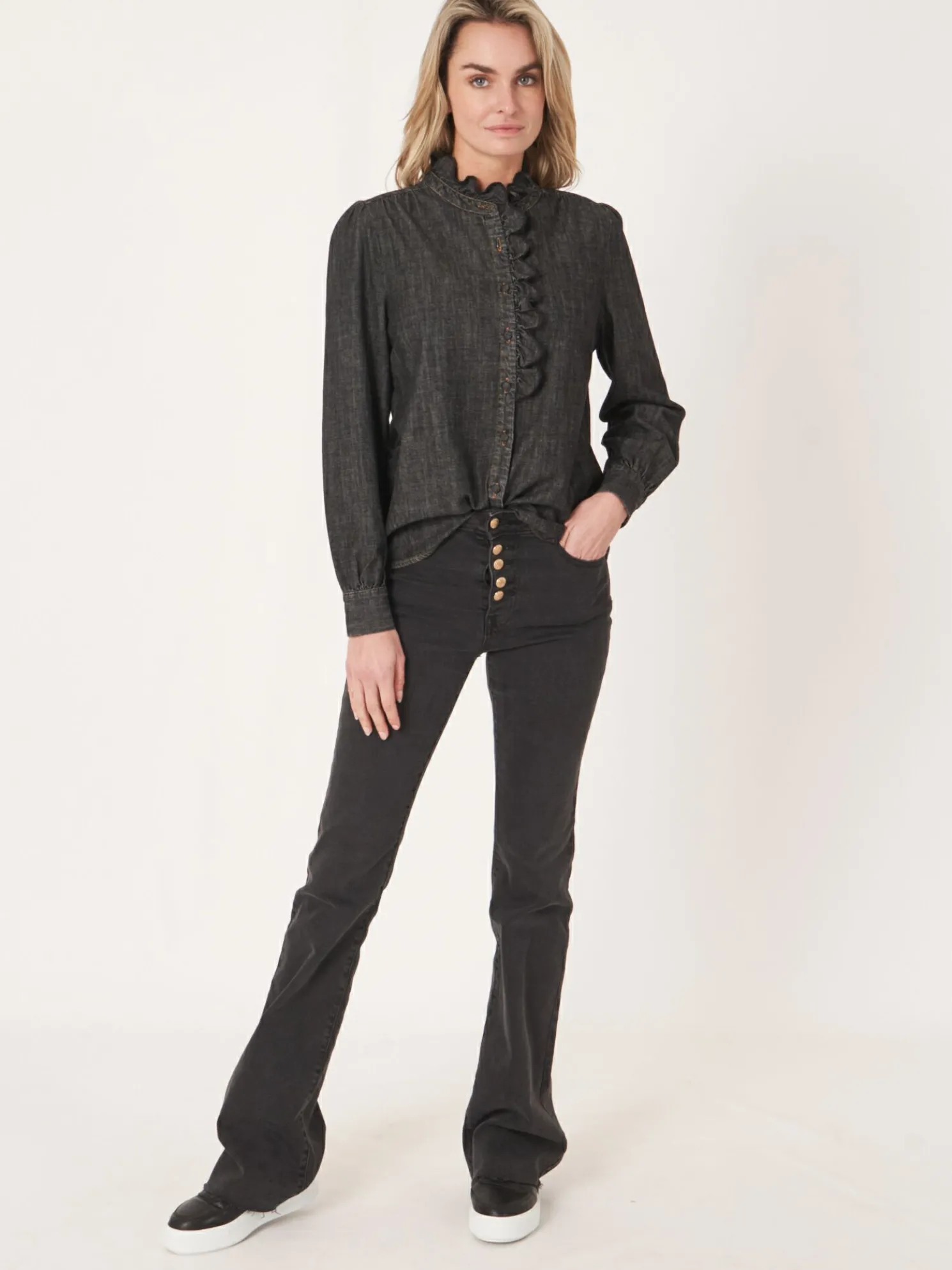 Denim Blouse Met Ruche