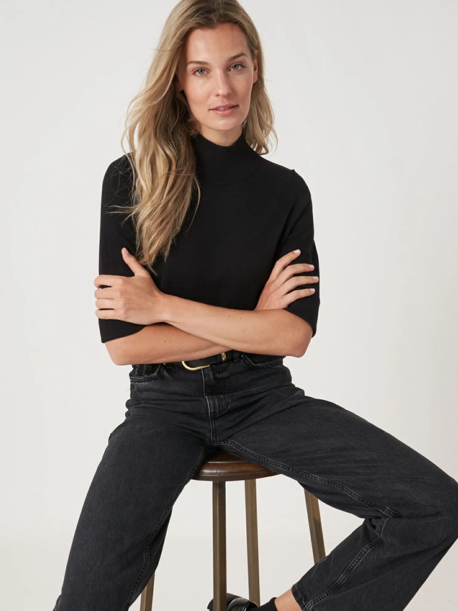 Trui Met Korte Mouwen En Opstaande Kraag Van Katoen-Mix